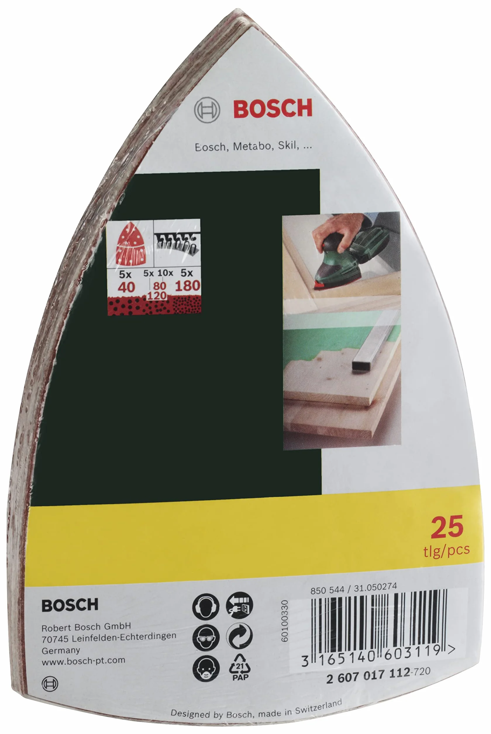 Bosch 25 szt. Zestaw arkuszy ściernych (do drewna, szpachli, farb, lakierów, ziarnistość 40/80/120/180, 11 otworów, 102 x 62,93 mm, akcesoria do szlifierek uniwersalnych)