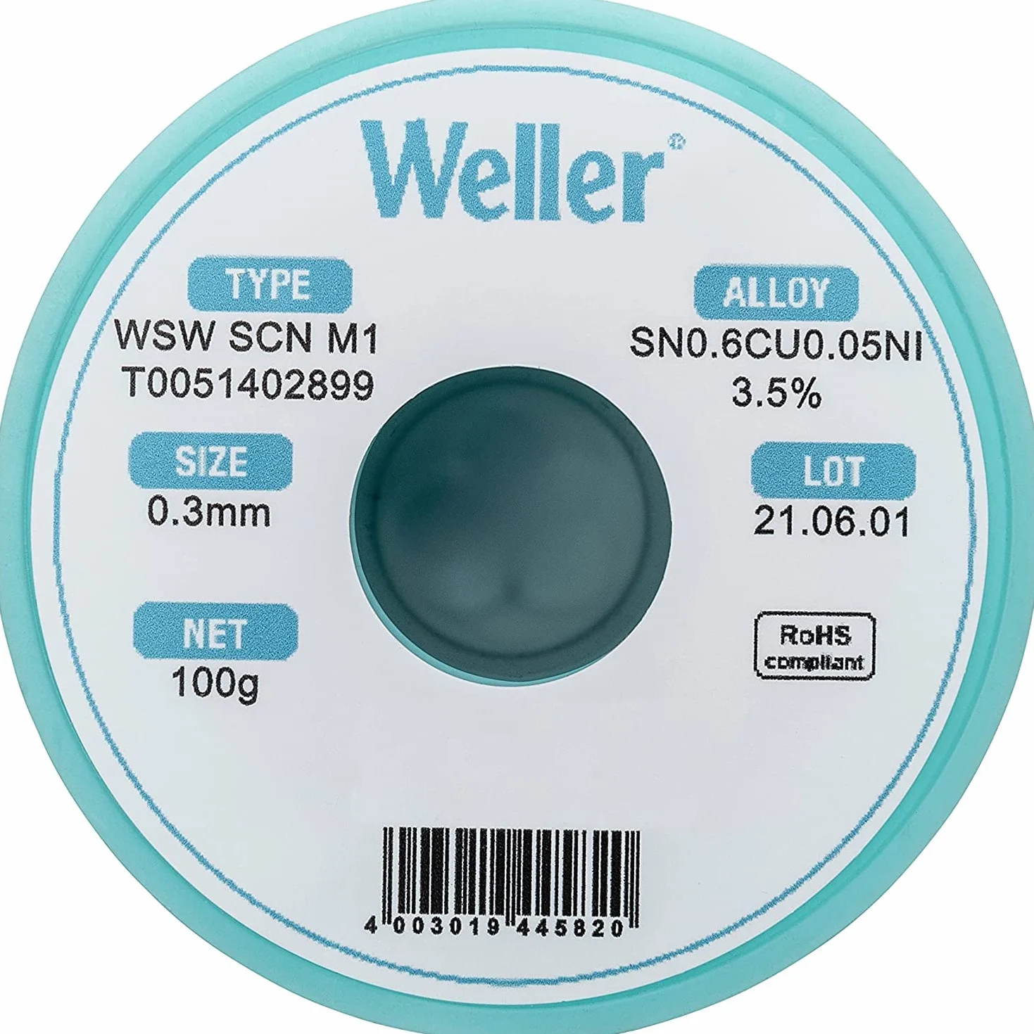 Weller WSW SCN M1 (T0051402899) bezołowiowy drut lutowniczy, Ø 0,3 mm, stop Sn99,3Cu0,6Ni0,05, zawartość strumienia 3,5%, 100 g