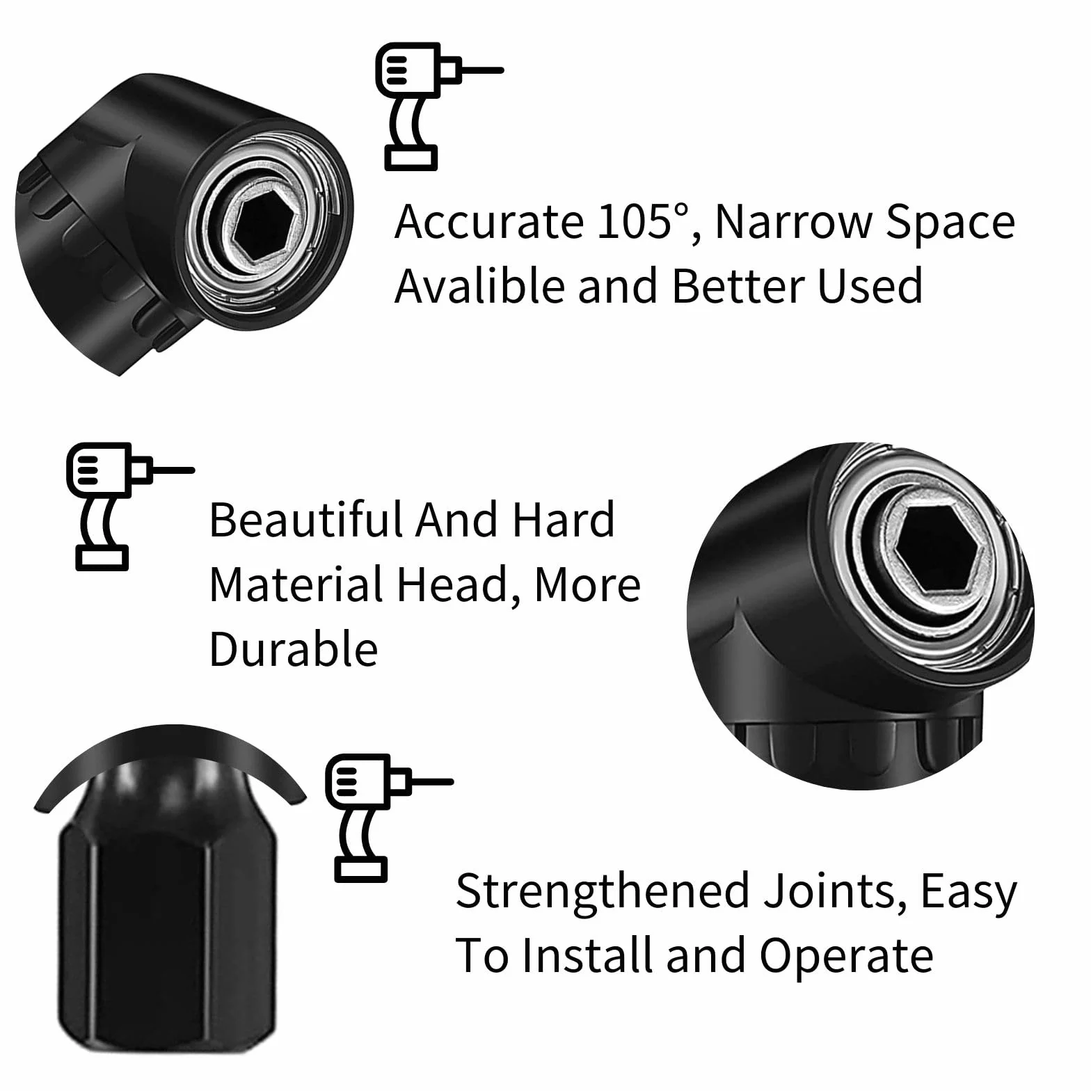 Śrubokręt kątowy 105°, adapter pomocniczy 1/4" z chwytem sześciokątnym + 3 sztuki adapterów do kluczy nasadowych (1/4", 1/2", 3/8"), sześciokątny klucz nasadowy, zestaw nakrętek, adapter