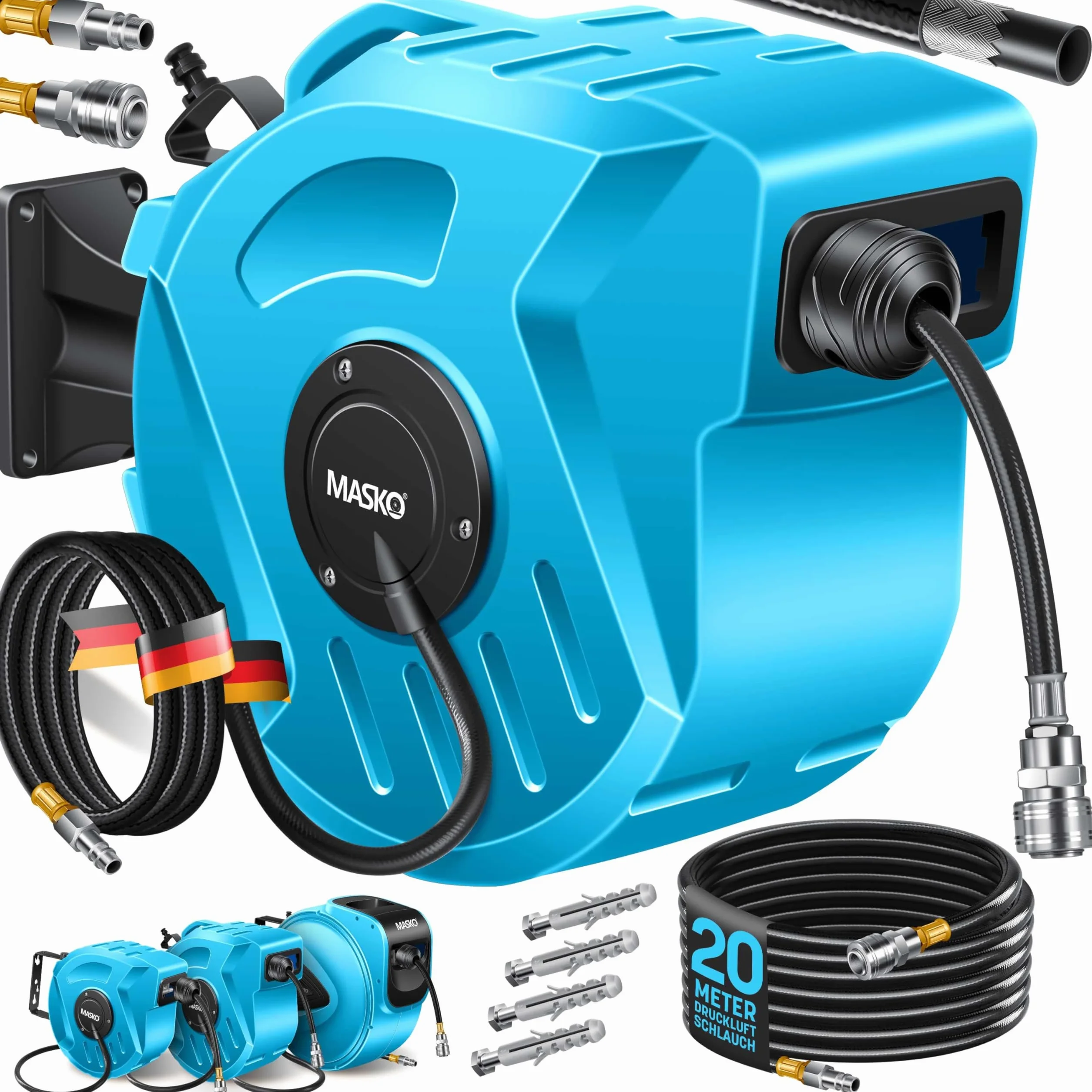 MASKO® Wąż do sprężonego powietrza, 20 m, automatyczne przyłącze 1/4", bęben na wąż ścienny, zwijacz, wąż do sprężonego powietrza, bęben na sprężone powietrze