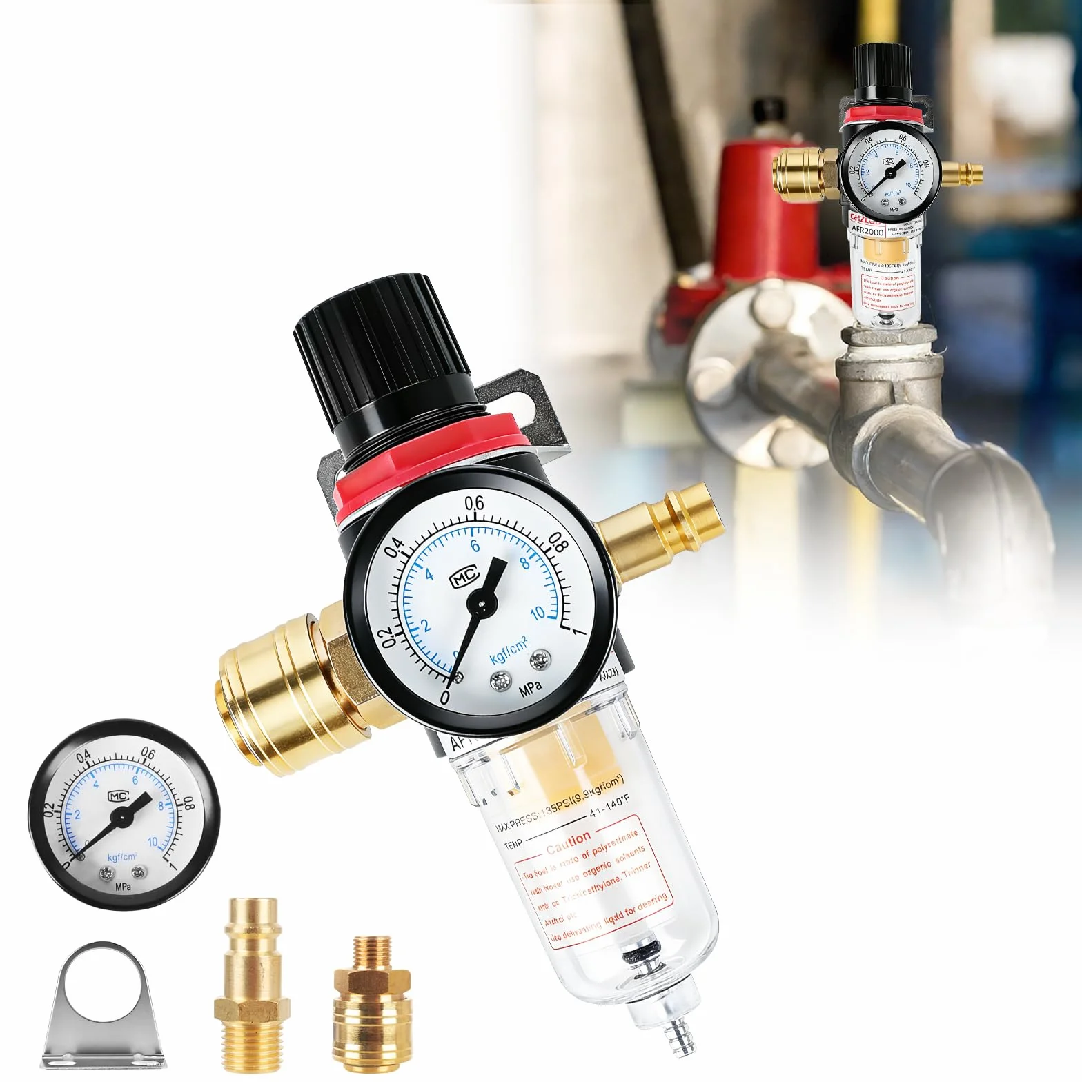 Mineup Reduktor ciśnienia sprężonego powietrza 1/4 cala, separator wody sprężonego powietrza, regulator sprężonego powietrza z separatorem wody, szybkozłączkami, reduktor ciśnienia sprężarki do filtra