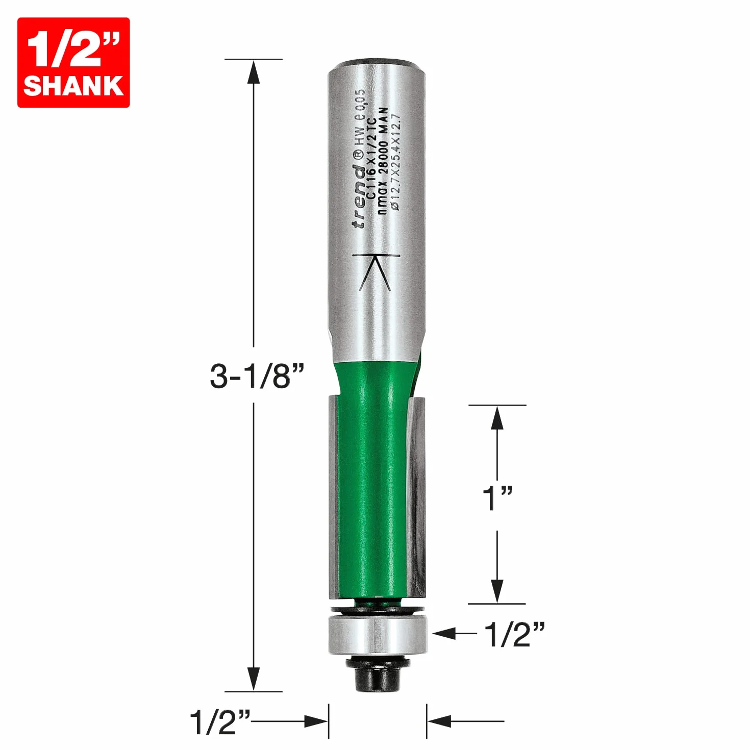 Trend CraftPro frez do przycinania z prowadzeniem łożyskowym, trzpień 1/2 cala, średnica cięcia 12,7 mm, długość cięcia 25,4 mm, węglik spiekany (TCT), C116X1/2TC
