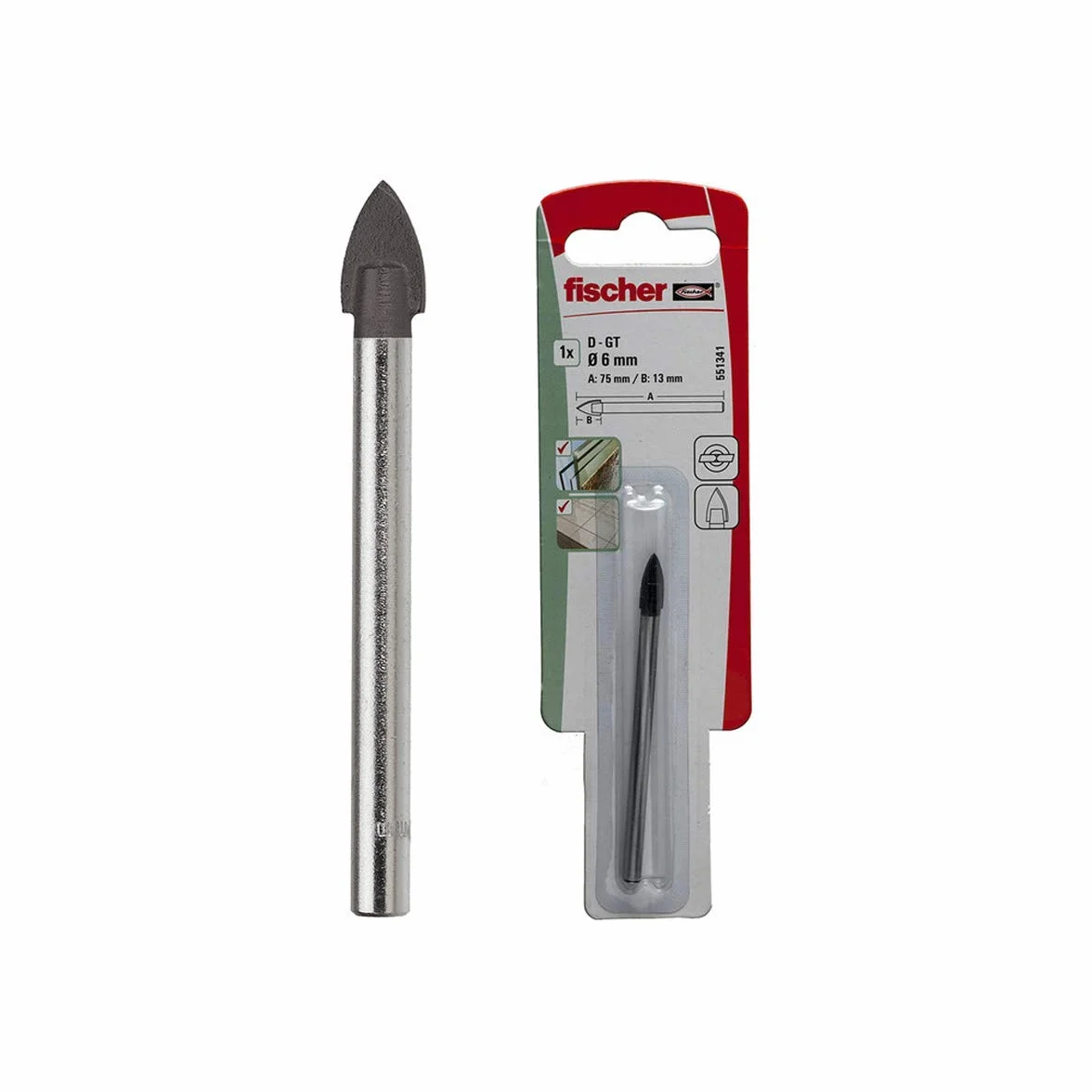 Fischer Wiertło do szkła i płytek z ostrzem z twardego metalu do szkła i ceramiki D-GT 6,0 x 13/75, 551341