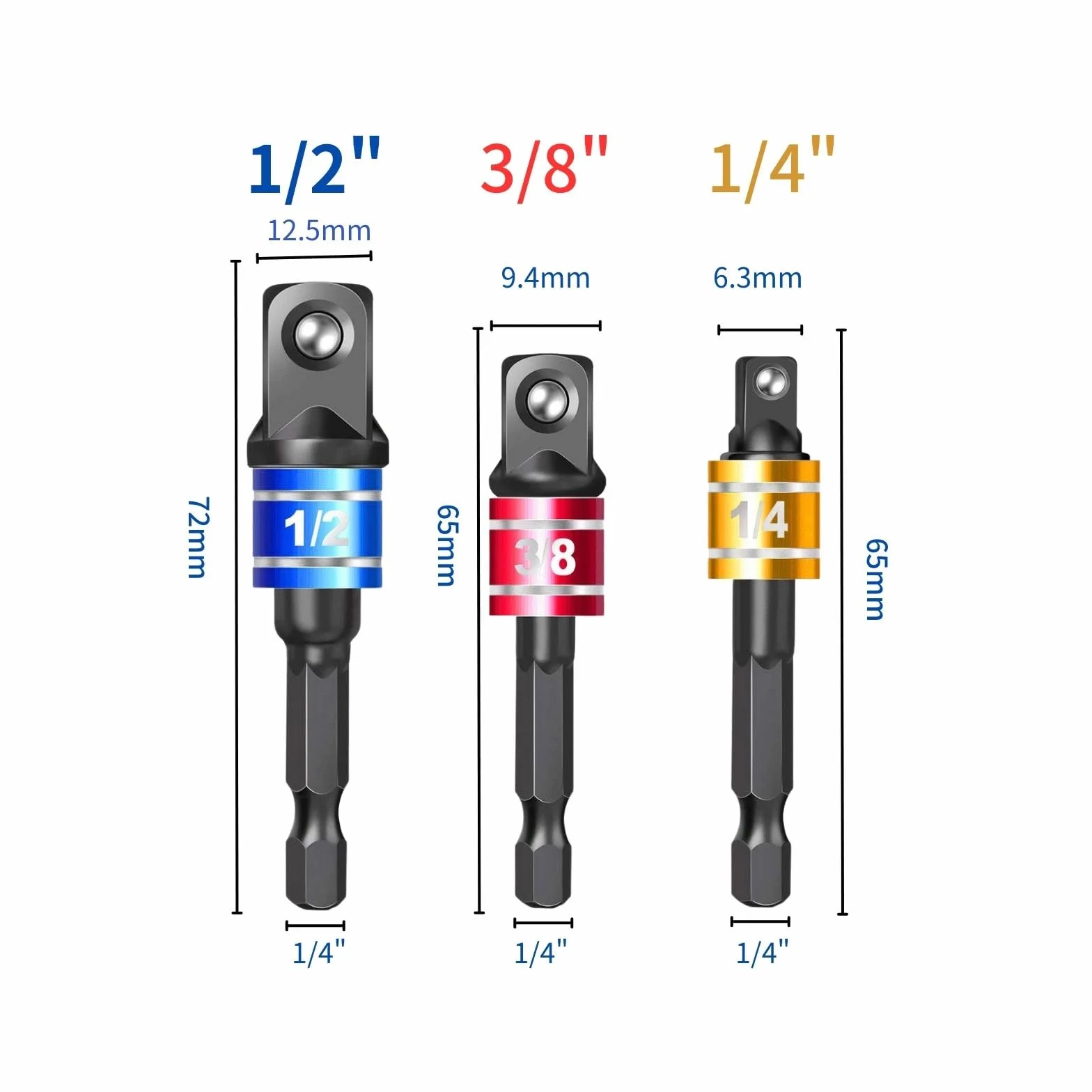 Śrubokręt kątowy 105°, adapter pomocniczy 1/4" z chwytem sześciokątnym + 3 sztuki adapterów do kluczy nasadowych (1/4", 1/2", 3/8"), sześciokątny klucz nasadowy, zestaw nakrętek, adapter