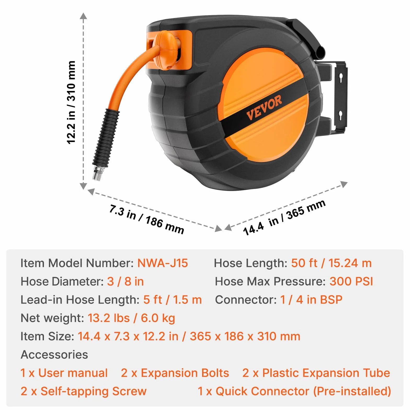 VEVOR Bęben na wąż pneumatyczny, wąż powietrza 9,52 mm x 15,24 m, maks. 300 psi, zwijacz węża z automatycznym zwijaniem, montaż sufitowy/ścienny, zamknięta rolka PP i uchwyt obrotowy 180°