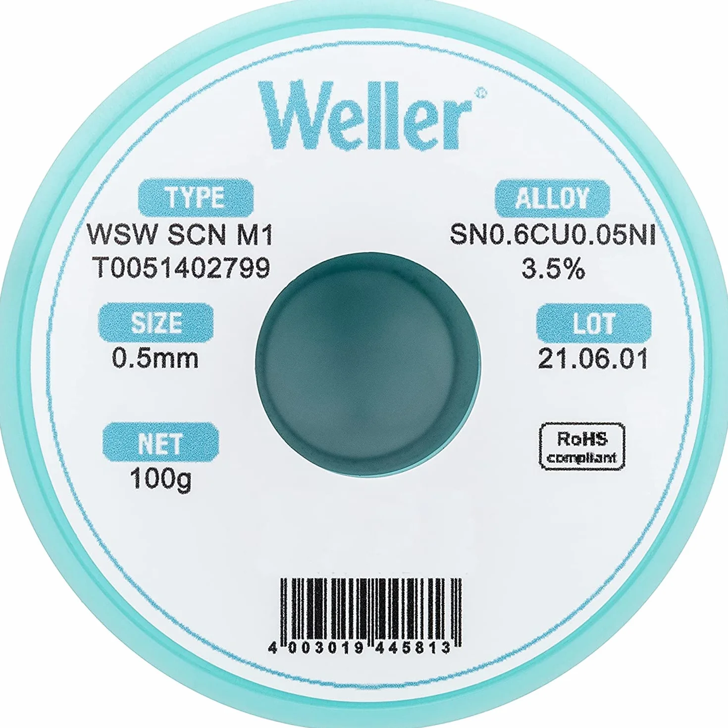 Weller WSW SCN M1 (T0051402799) bezołowiowy drut lutowniczy, Ø 0,5 mm, stop Sn99,3Cu0,6Ni0,05, zawartość strumienia 3,5%, 100 g