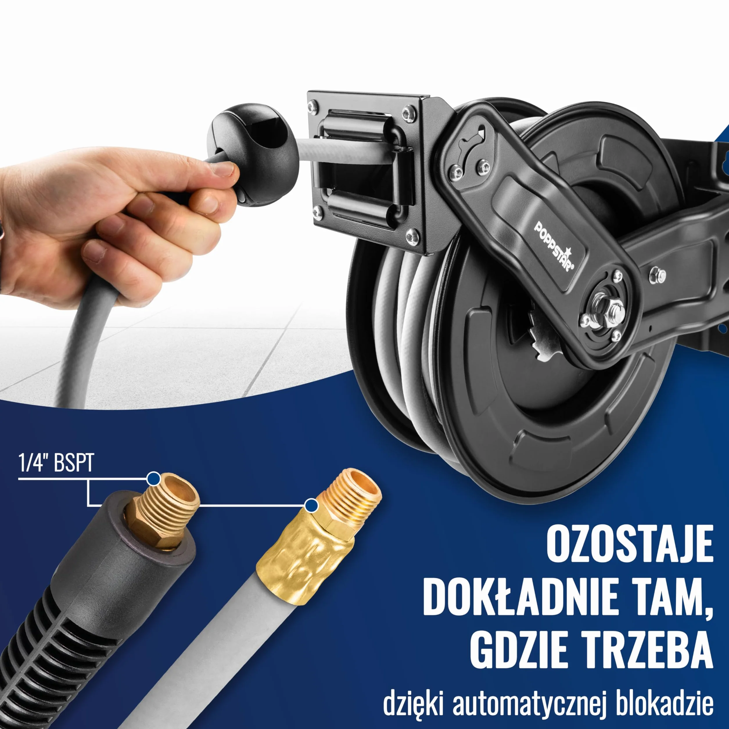 Poppstar wąż pneumatyczny na stalowym bębnie (20m+2m, średnica (9,2x15mm)) złącza 1/4 cala BSPT