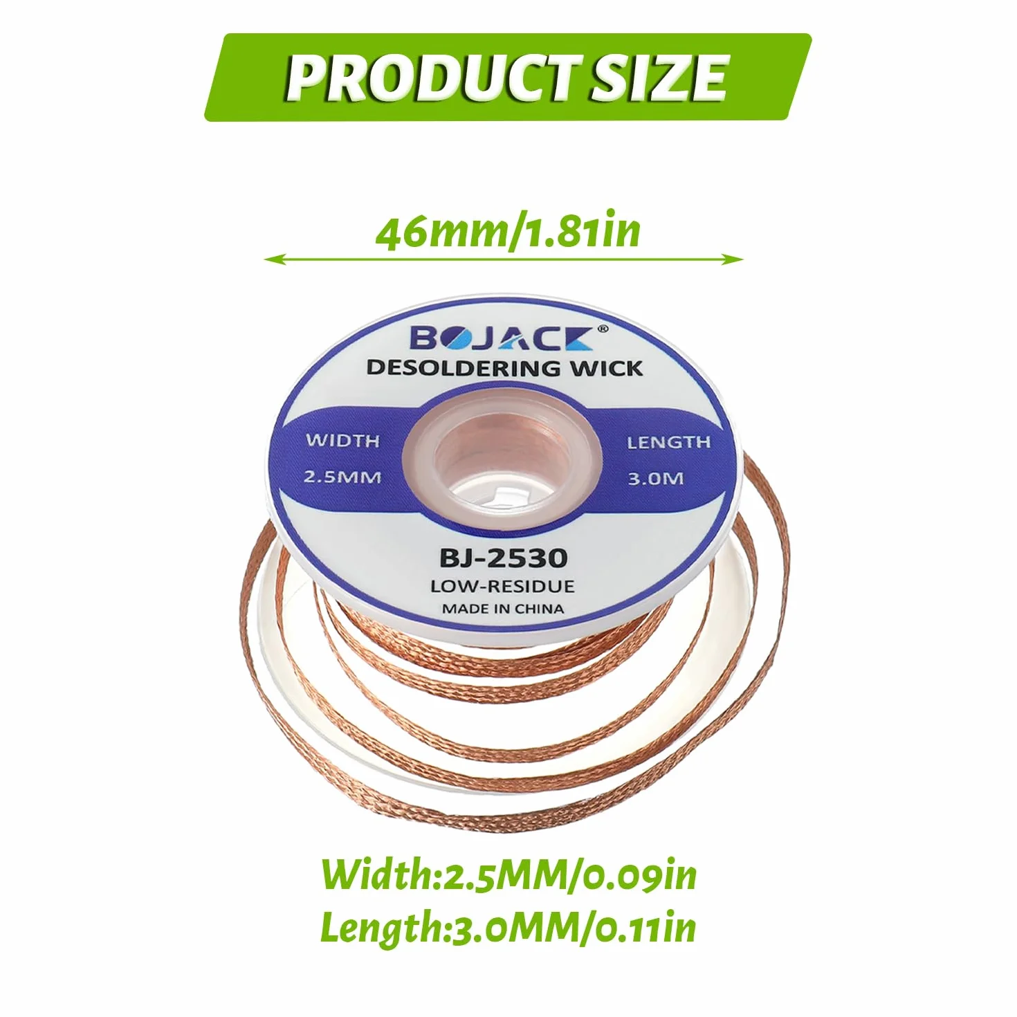 BOJACK Wick Rozlutowywacz warkocz 2,5 mm x 3,0 m Rozlutowywacz do usuwania drutu do demontażu elementów elektronicznych, usuwania lutowania, czyszczenia lub naprawy akcesoriów (3 sztuki)