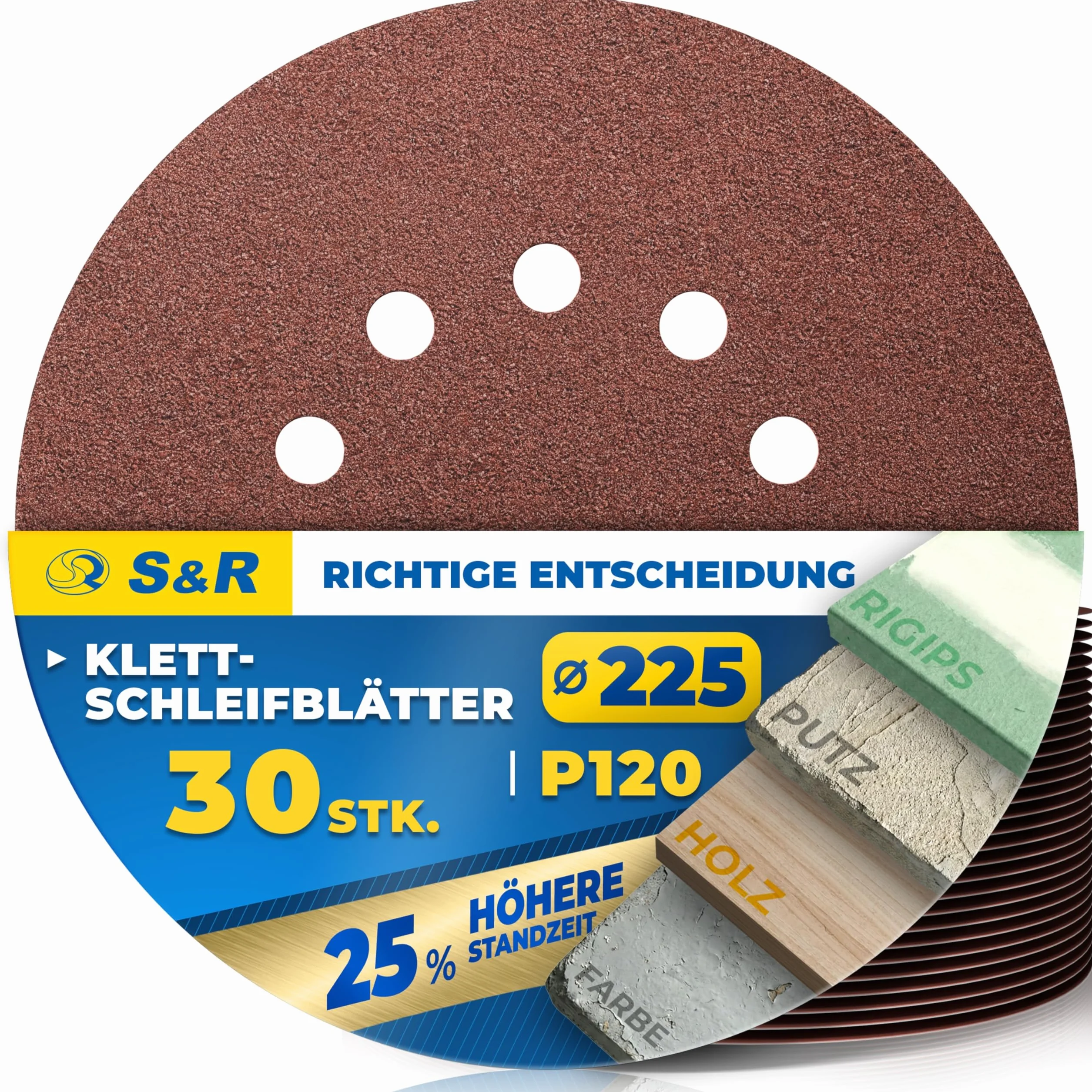 S&R Papier ścierny, 225 mm, rzep P120, 10-otworowe, żyrafa szlifierska 225 mm, 30-częściowy do szlifierek mimośrodowych, szlifierek z długą szyjką (żyrafa szlifierska), papier ścierny do ścian, sufitu
