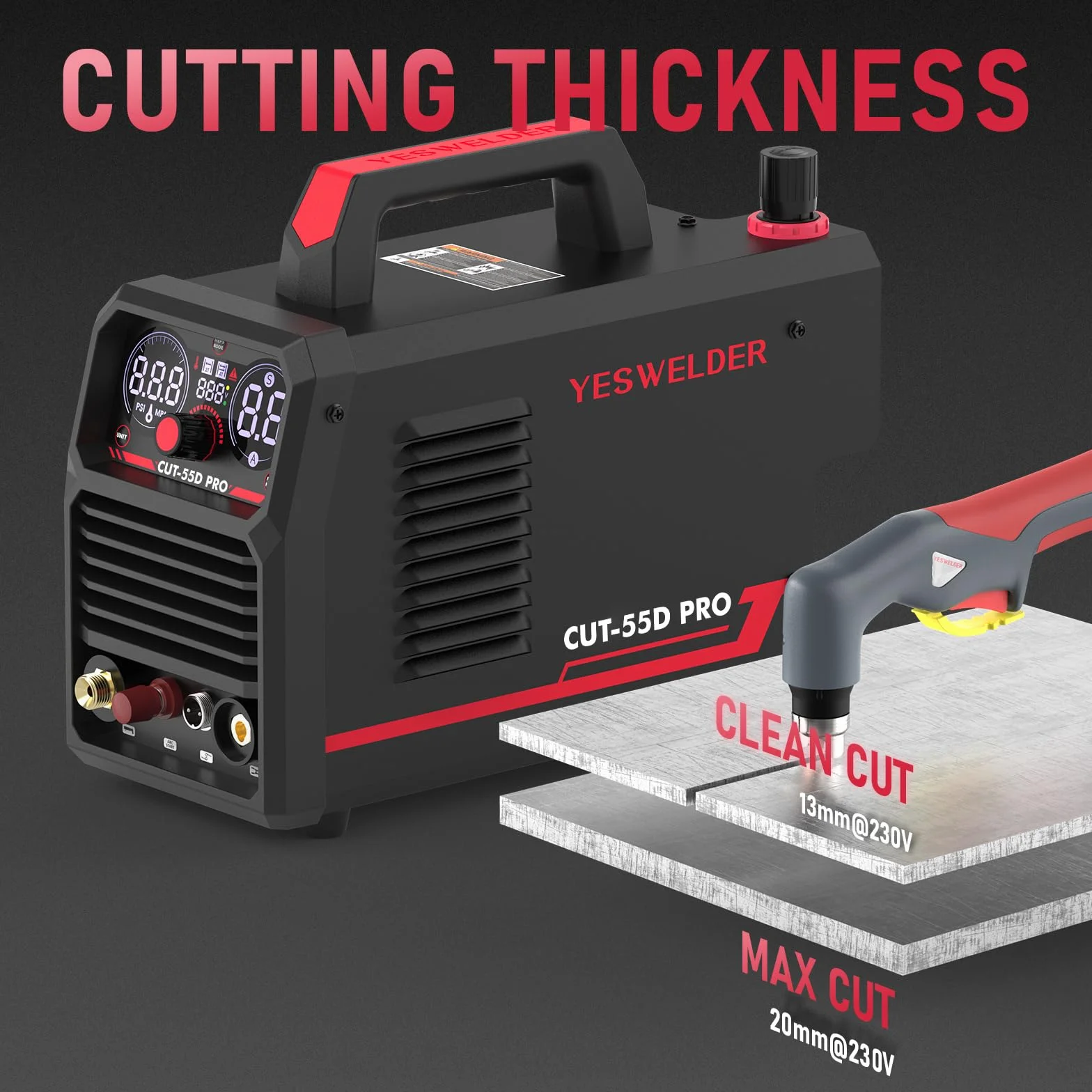 YESWELDER 55Amp bezdotykowa przecinarka plazmowa z łukiem pilotującym, maksymalna grubość cięcia 20mm, duży wyświetlacz cyfrowy LED, inwertorowa przecinarka plazmowa No-HF 230V IGBT