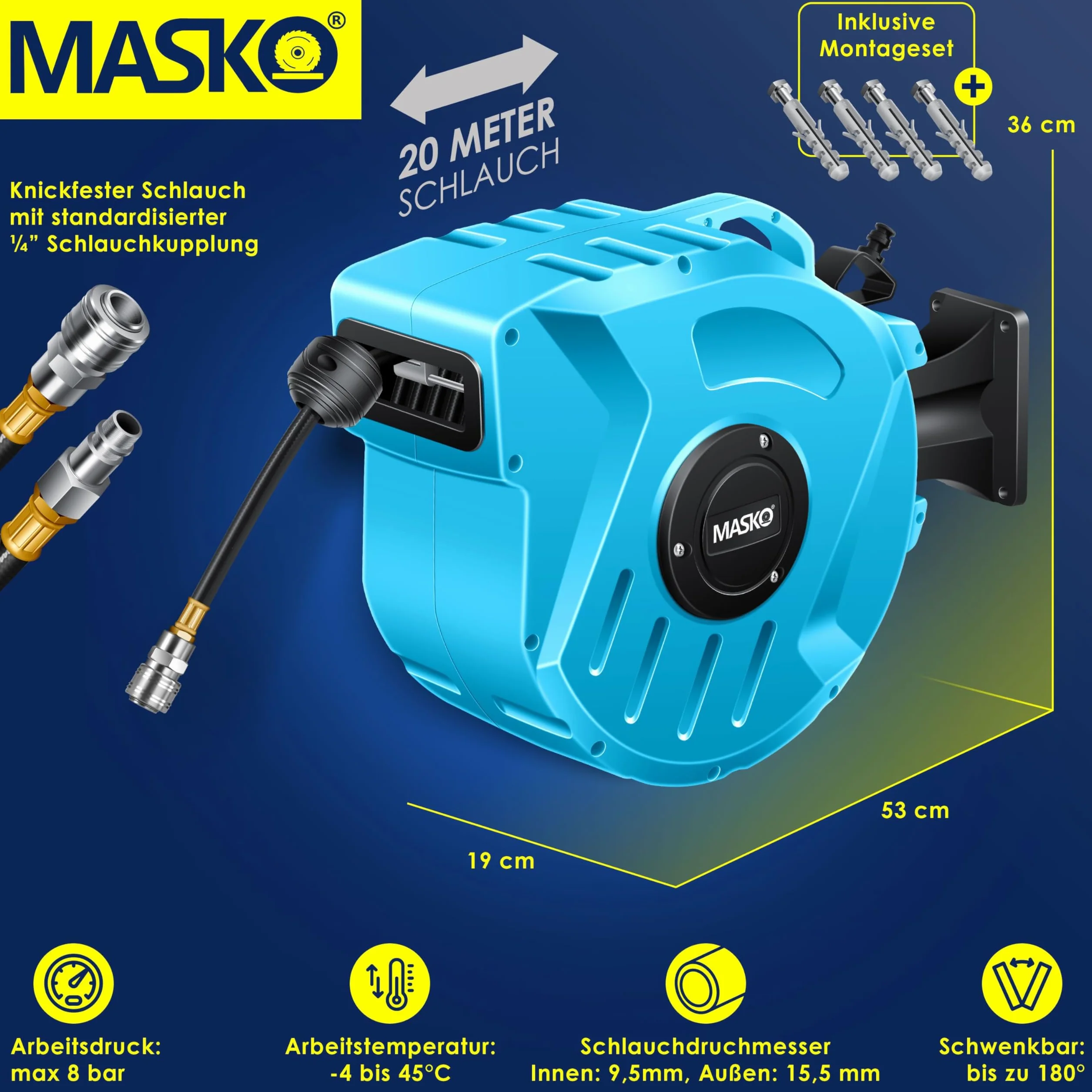 MASKO® Wąż do sprężonego powietrza, 20 m, automatyczne przyłącze 1/4", bęben na wąż ścienny, zwijacz, wąż do sprężonego powietrza, bęben na sprężone powietrze