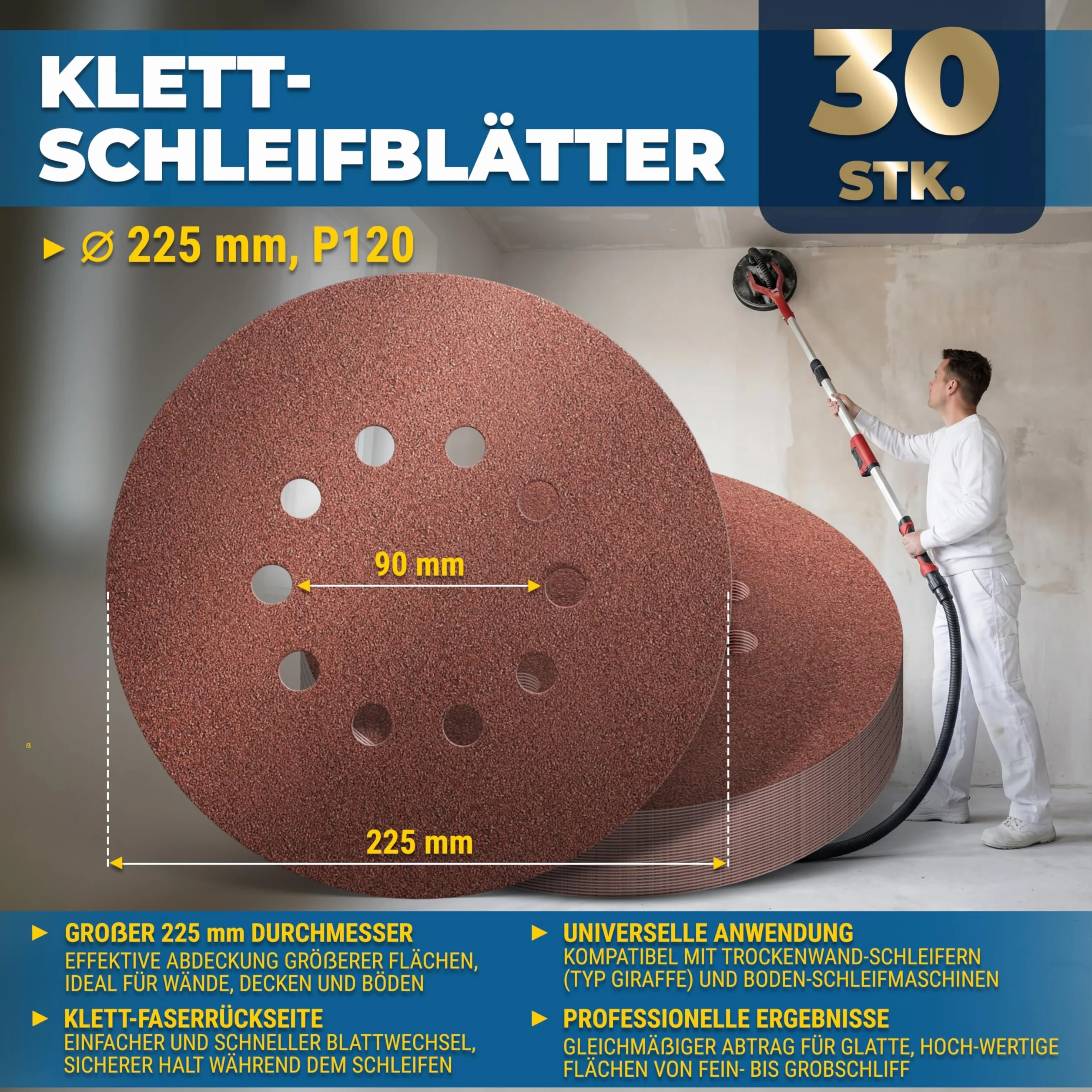 S&R Papier ścierny, 225 mm, rzep P120, 10-otworowe, żyrafa szlifierska 225 mm, 30-częściowy do szlifierek mimośrodowych, szlifierek z długą szyjką (żyrafa szlifierska), papier ścierny do ścian, sufitu