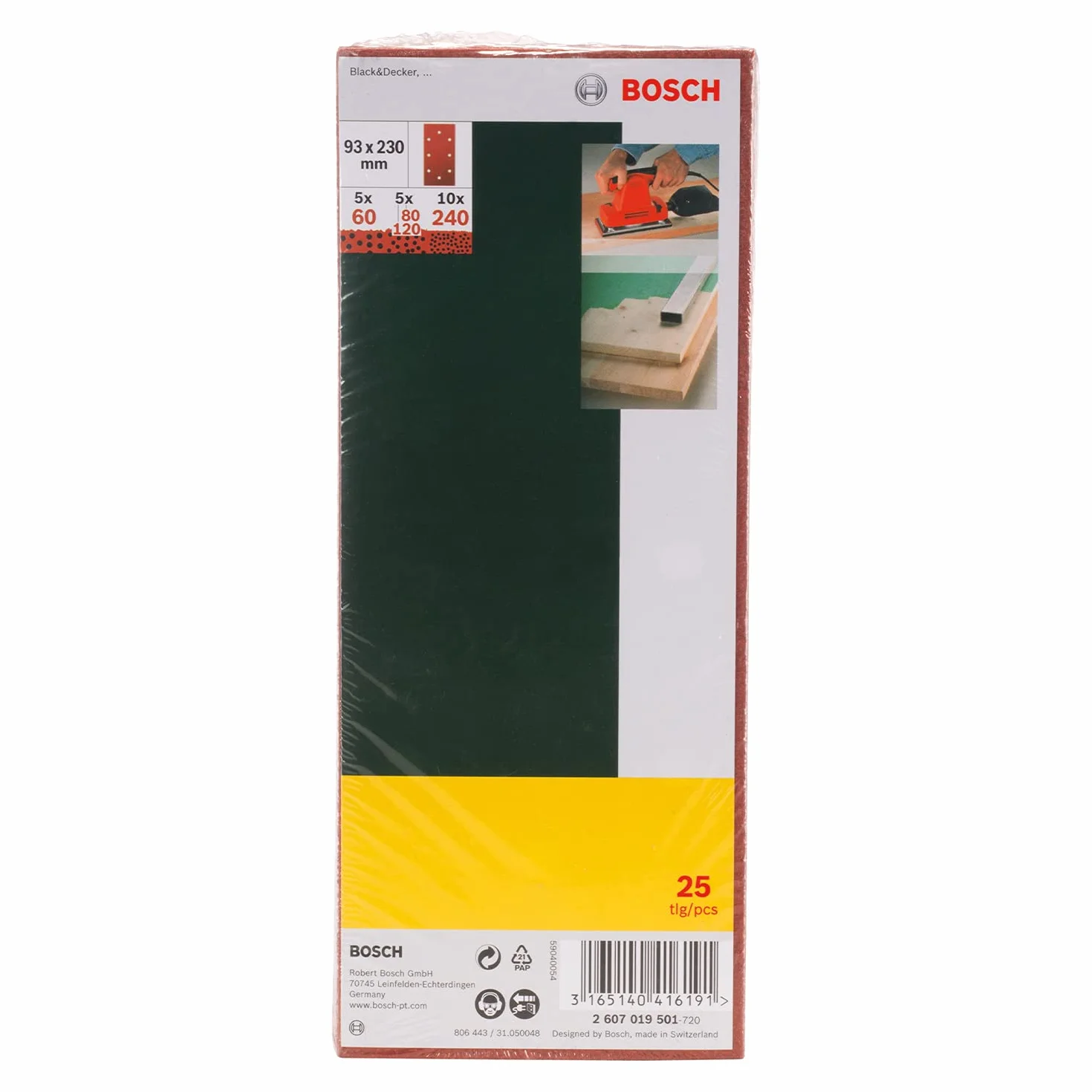 Bosch Home and Garden 25-częściowy zestaw arkuszy szlifierskich 93 x 230 mm, do szlifierek oscylacyjnych, 93 x 230 mm, 8 otworów, ziarnistość 60, 80, 120, 240, 2607019501, kolor szary
